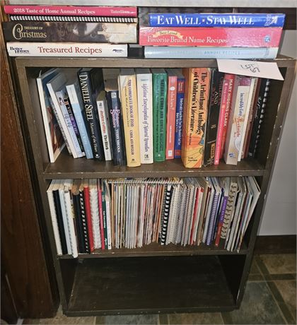 Wood Bookshelf With Cookbooks, Recipe Booklets, Medical & Much More