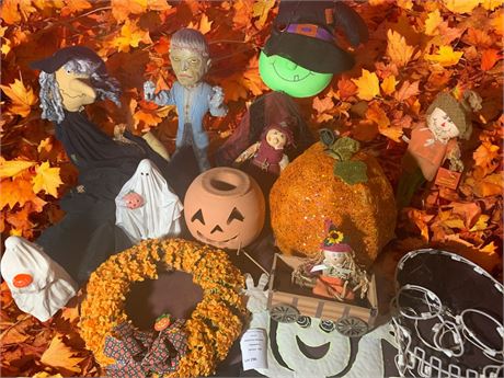 Halloween Decoration Lot - Ghost Figurines, Frankenstein, Light Up Skull & More