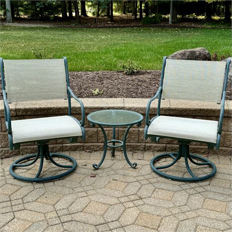 Brown Jordan Outdoor Swivel Chairs and Matching Glass Top Table