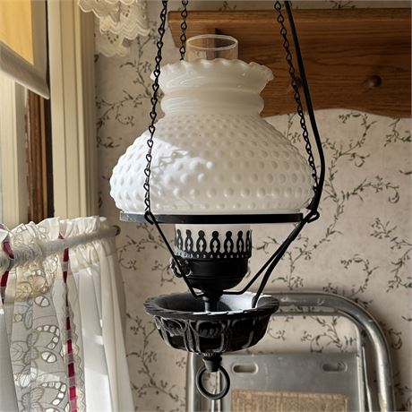 Country Farmhouse Black Metal Hanging Lamp w/ Milk Glass Shade