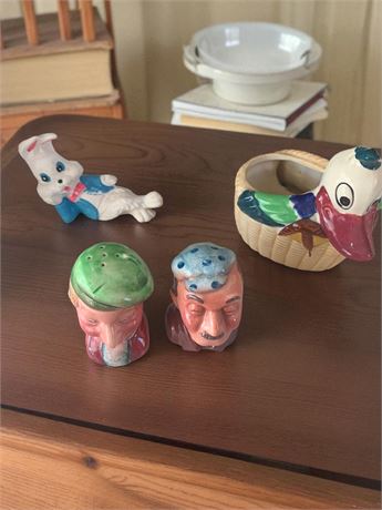 Ceramic Beret Frenchmen S&P Shakers, Duck Planter, Brach Bunnies Bunnies Figure