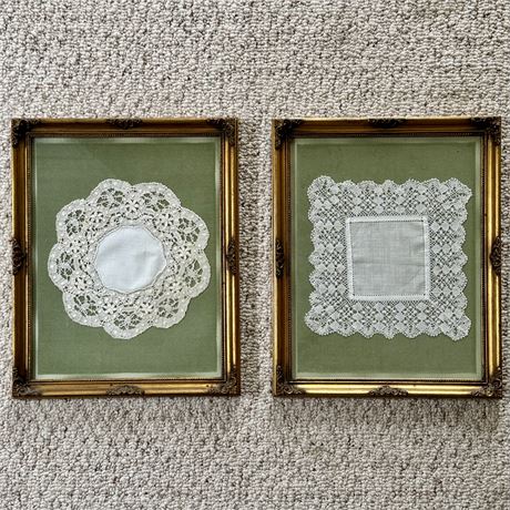 Pair of Custom Framed Antique Doilies - 12.5 x 15.5"