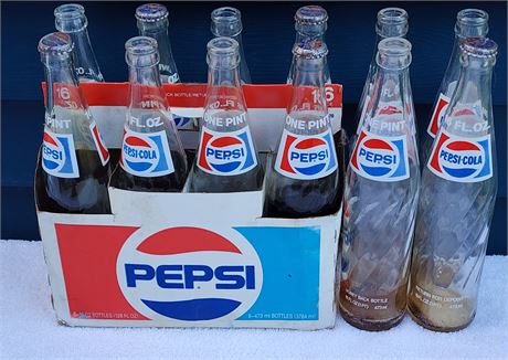 1977 Pepsi-Cola -One Pint, Thick Clear Glass Money Back Bottles w/ Carrier Lot 2