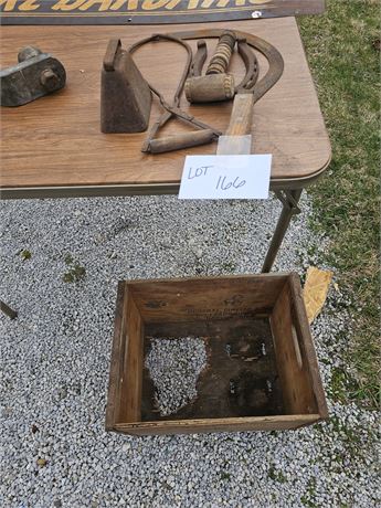 Mixed Vintage Lot - Antique Cowbell/Ice Tongs/Wood Box & More