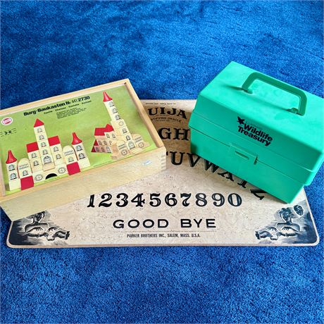Vintage Ouija Board, Burg-Baukasten Blocks and Wildlife Treasury Kit