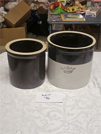 Antique Stoneware Crocks With Dark Brown Albany Slip Glaze