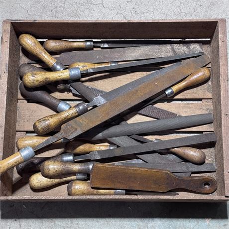 Crate of Vintage Mixed File Tools