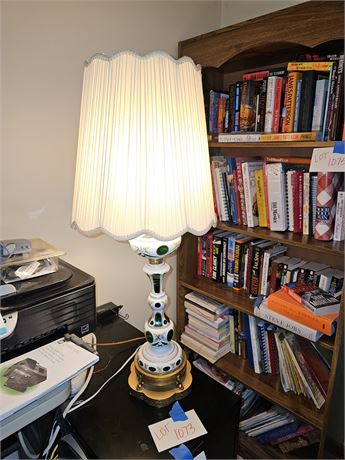 Antique Bohemian Cased Glass Table Lamp White Cut to Green Handpainted Floral