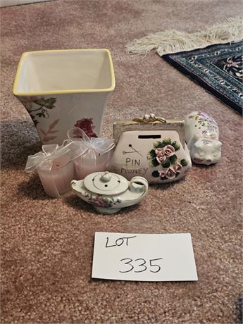 Vintage Norcrest Pink Money Purse Bank, Floral Vase & More