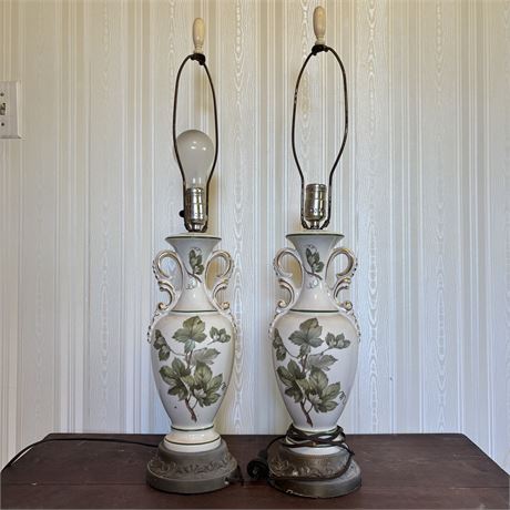 Pair of 1940's Art Deco Hand Painted Urn Style Lamps