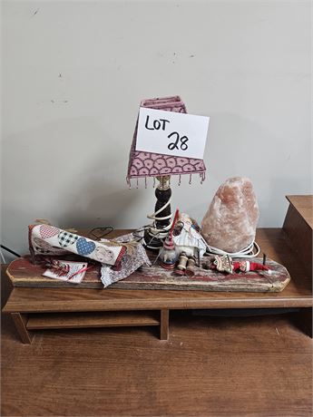 Mixed Decor Lot- Primitive Hat/Scarf Rack, 12" Lamp, Salt Lamp & More