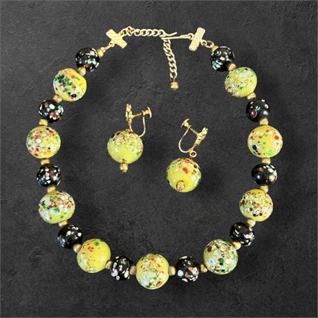 Mid-Century Murano Venetian Glass Necklace and Screw Back Earrings Set