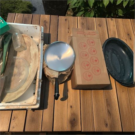 Kitchen Lot - Enamelware Roaster, Revere Ware Sauce Pans, Serving Spoon & More