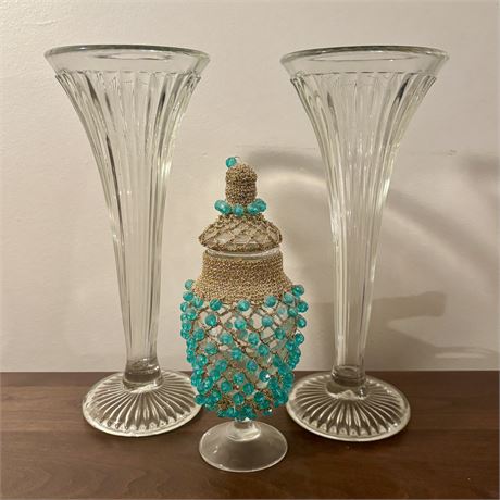 Vintage Glass Trumpet Vases and Covered Jar - Vases are 12"T