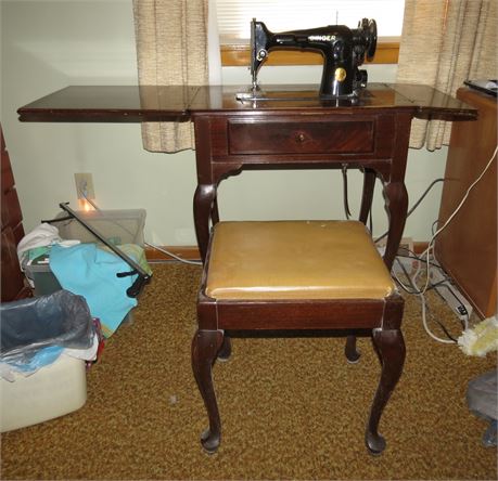 Vintage Singer Sewing Machine, Table, Stool