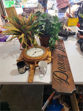 Mixed Home Decor:Faux Greenery / Dolphin Ship Wheel Clock / Pizza Paddles & More