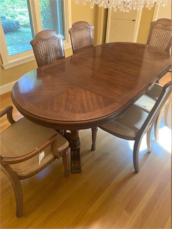 Wood Pedestal Dining Table & 6 Cane-Back Dining Chairs - 2 Leaves
