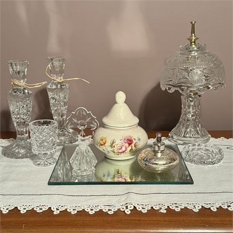 Dresser Top Contents - Crystal Lamp, Candle Holders and More