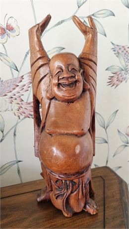 Carved Wood Chinese Laughing Buddha Budai Statue