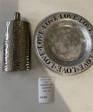 Wilton Armetale Pewter Love Plate & Hammered Metal Hip Flask