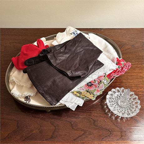 Vintage Embroidered Handkerchiefs and Ladies Items on Large HP Vanity Tray