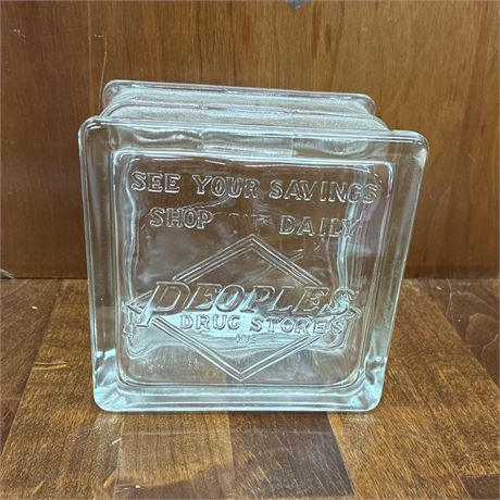 Vintage Peoples Drug Stores Embossed Glass Coin Bank