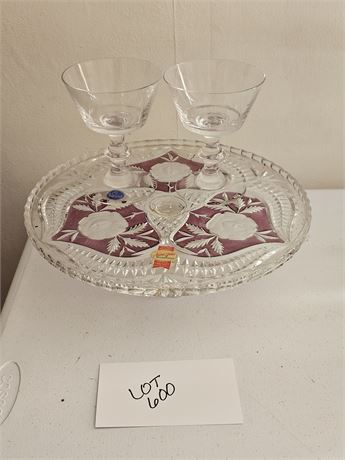 German Anna Hutte Flashed Cake Plate & Imperial Stemware