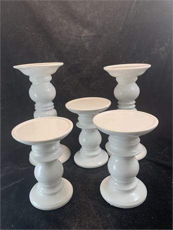 White Ceramic Tabletop Pedestal Candleholders Candelabras Lot of 5