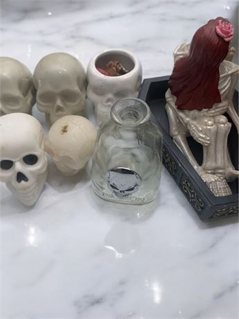 Resin Halloween Skeleton Bride & Groom In Coffin, Skulls, Glass Bottle Lot