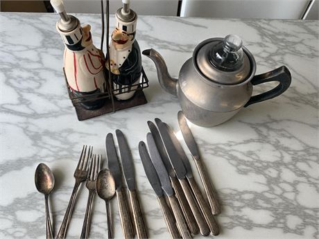 Ceramic Oil & Vinegar Cruets in Caddy, Flatware, Pewter Coffee or Teapot