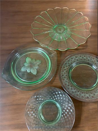 Uranium/Vaseline Glass Plates and Pedestal Tray Etched Depression Glass