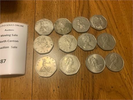 British Coin Lot of 12 - 50 Pence (8), 10 Pence (2)