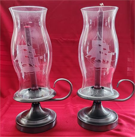 Candleholders with Ship Etched Glass Globes