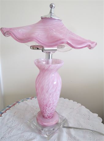 Pink Cranberry Art Glass Lamp With Ruffled Glass Shade
