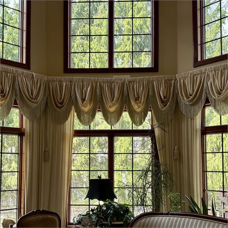 108” Beige Curtains with Tasseled Waterfall Valences