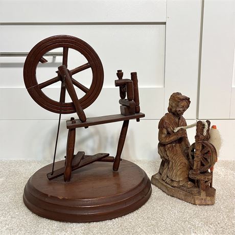 Vintage Spinning Wheel Wood Models and Hand Carved Figurine