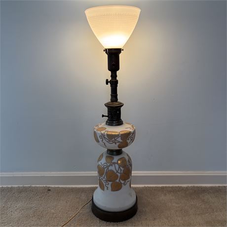 Brass & Hand Painted Milk Glass Antique Torchiere Table Lamp