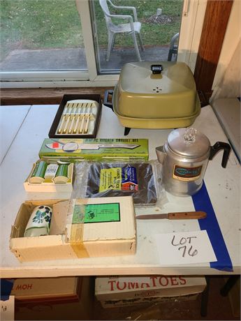 Kitchen Lot:Avocado Green Electric Fryer/Sheffield Steak Knives/S&P Set & More