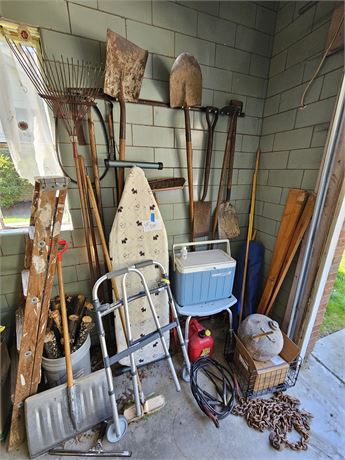 Garage Corner Cleanout:Yard Tools/Wood Step Ladder/Coleman Cooler/Tow Chain&More