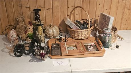 Mixed Decor Lot: Meat Tray/Candle Holders/Baskets/Salt Lamp & More