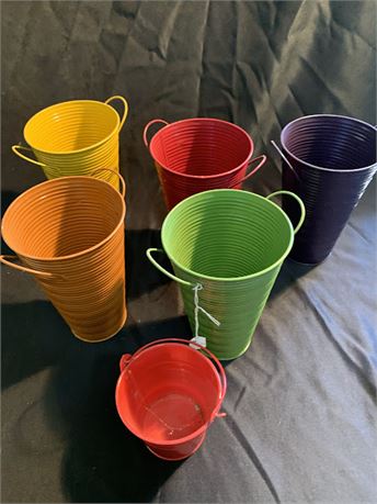 Metal Plant Baskets Or Buckets In Bright Colors - Lot Of 6