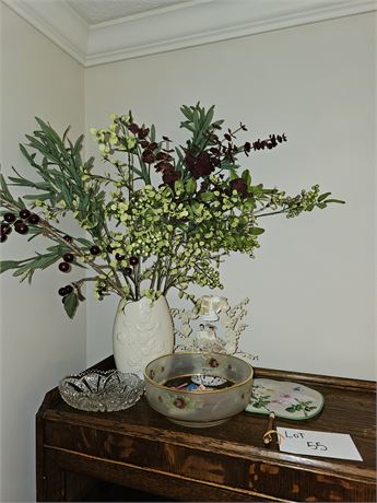 Faux Floral Arrangement/Pressed Glass Divider Bowl/Cake Topper & HP Salad Bowl