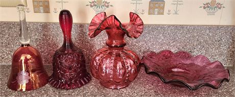 Fenton and other Cranberry Glass Bells, Dishes