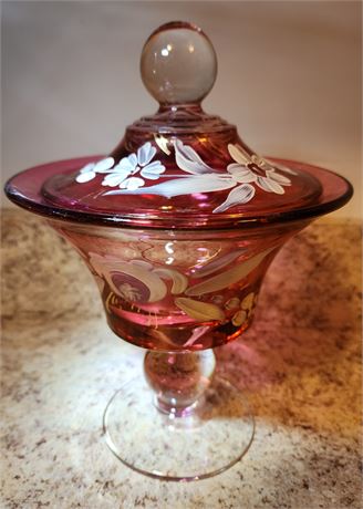 Vintage Hand Painted Cranberry Glass Candy Dish w/Lid