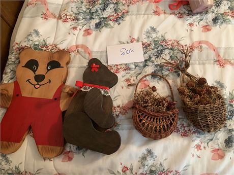 Teddy Bear Folk Art Wood Decor Woven Wicker Wall Art Floral Baskets