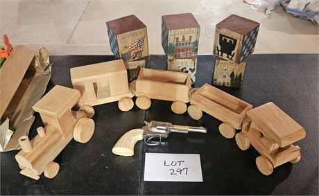 HP Souvenir Wood Blocks- OH, PA Etc  & Homemade Wood Train & Vintage Cap Gun