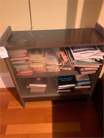 MCM Wood Storage Cabinet Shelf W/Sliding Glass Door Plus Contents
