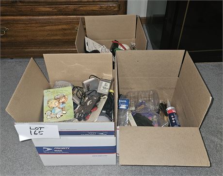 3 Boxes Of Mixed Misc- Office, Audio, Candles, Storage &More