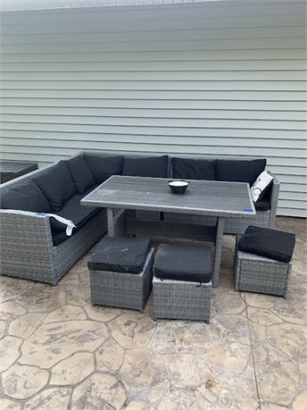 Gray Lawn and Garden Patio Set 3 Piece Sectional Couch 3 Stools and Coffee Table