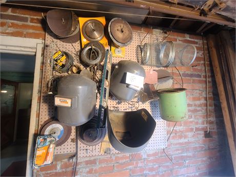 Garage Wall Cleanout:Welding Masks/Fish Trap/Metal Bucket/Grinding Wheels & More